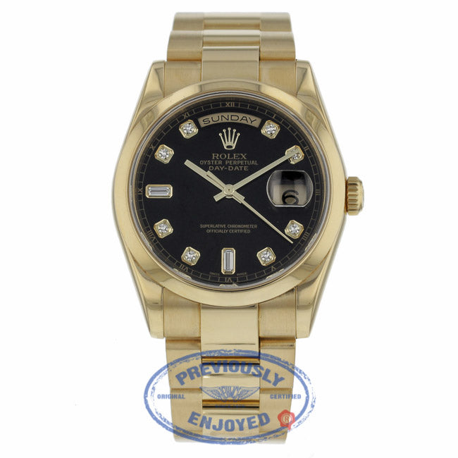 Rolex Day Date Black Diamond Dial Oyster Bracelet 18k Yellow Gold 118208 58896Y - Beverly Hills Watch Company