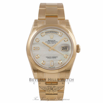 Rolex Day-Date President 36mm 18k Yellow Gold Fluted Bezel White Mother of Pearl Diamond Dial 118208 8NHKJ6 - Beverly Hills Watch Company Watch Store