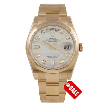 Rolex Day-Date President 36mm 18k Yellow Gold Fluted Bezel White Mother of Pearl Diamond Dial 118208 8NHKJ6 - Beverly Hills Watch Company Watch Store