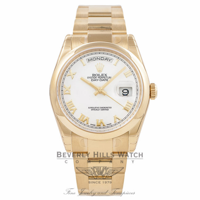Rolex Day-Date President 36MM 18k Yellow Gold Domed Bezel White Dial Roman Numerals 118208 K610P4 - Beverly Hills Watch Company Watch Store