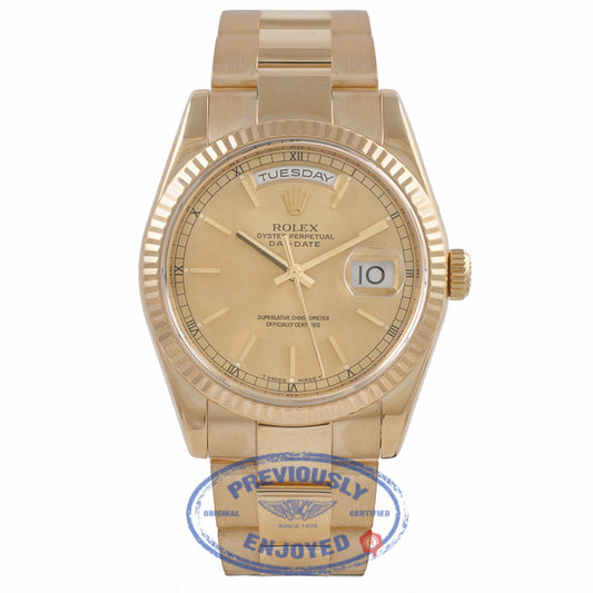 Rolex Day-Date President 18K Yellow Gold Fluted Bezel Champagne Dial Oyster Bracelet 118238 RH8F23 - Beverly Hills Watch Company Watch Store