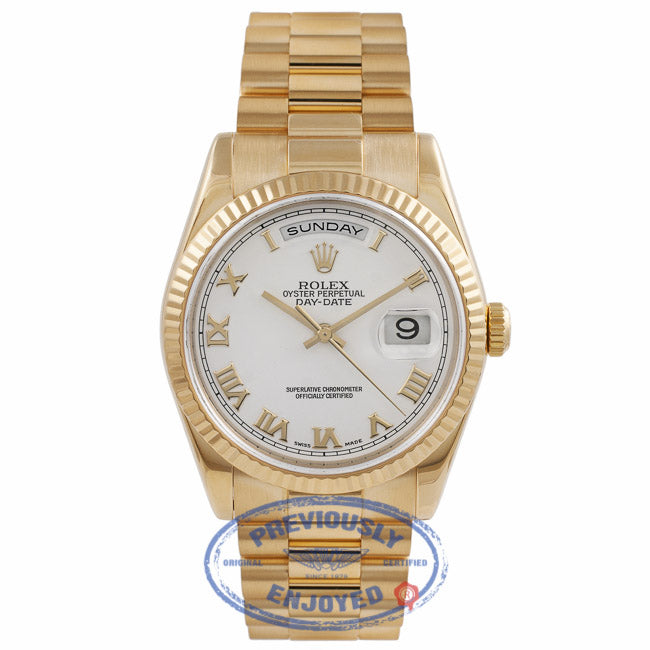 Rolex Day Date President 36mm Yellow Gold White Roman Dial 118238 R2766Y - Beverly Hills Watch Company Watch Store
