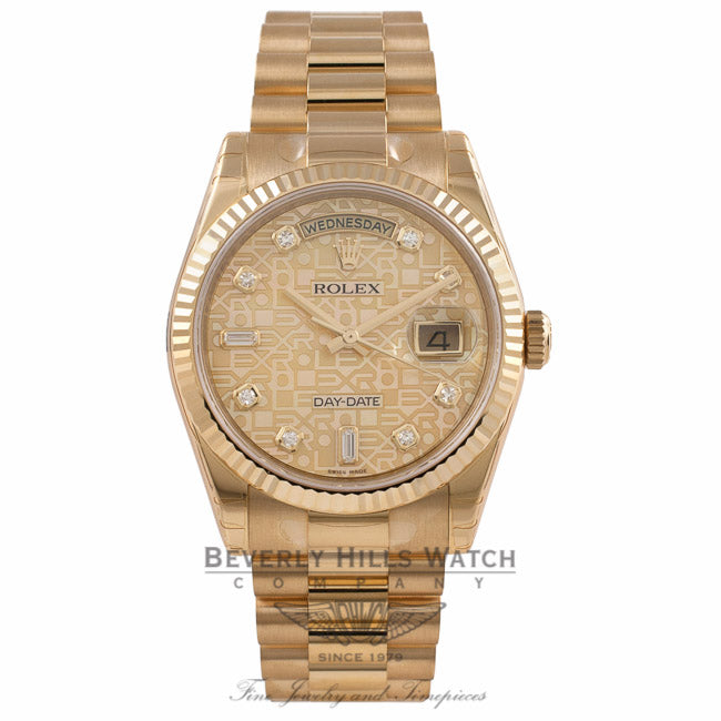 Rolex Day-Date President 36MM 18k Yellow Gold Fluted Bezel Yellow Mother of Pearl Jubilee Diamond Dial President Bracelet 118238 5EHWCT - Beverly Hills Watch Company Watch Store
