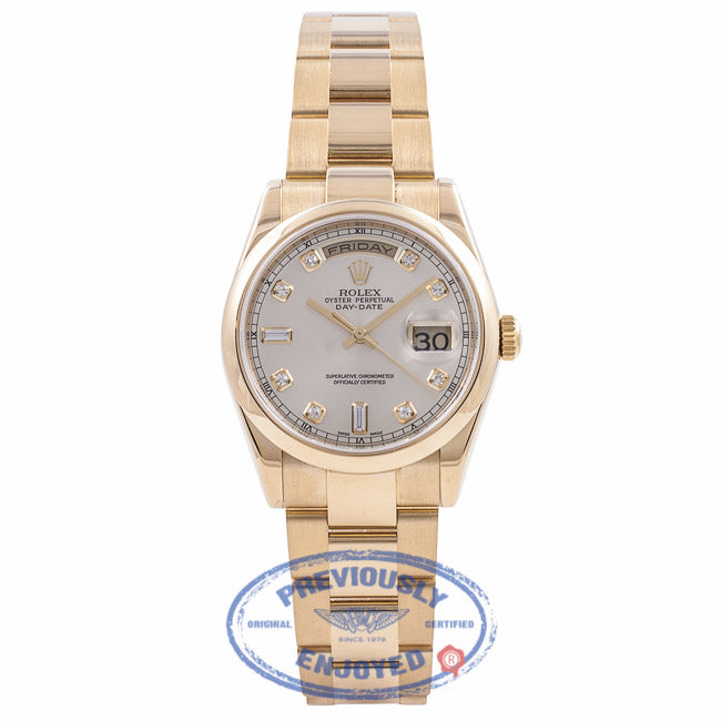 Rolex Day Date President 36MM 18k Yellow Gold Silver Diamond Dial Domed Bezel 118208 HNYE11 - Beverly Hills Watch Company Watch Store