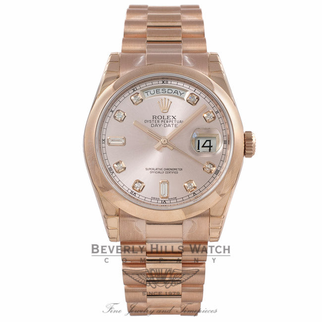 Rolex Day-Date President 36MM 18k Rose Gold Domed Bezel Pink Champagne Diamond Dial 118205 - Beverly Hills Watch Store