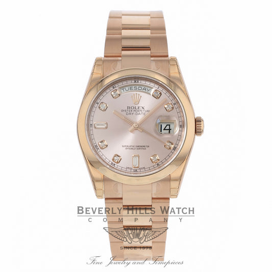 Rolex Day-Date President 36MM 18k Rose Gold Domed Bezel Pink Champagne Diamond Dial 118205 - Beverly Hills Watch Store