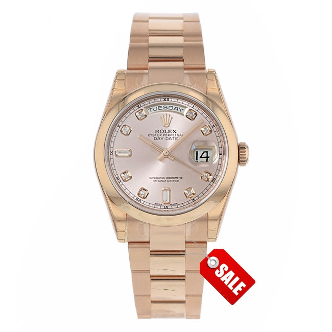 Rolex Day-Date President 36MM 18k Everose Domed Bezel Pink Diamond Dial 118205 - Beverly Hills Watch Company