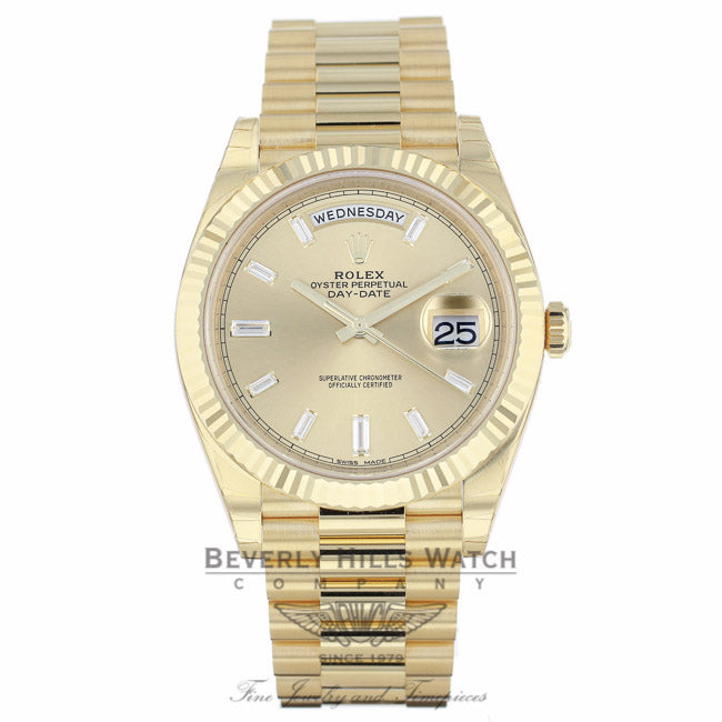 Rolex Day-Date President 40MM Yellow Gold Fluted Bezel Champagne Dial Diamond Markings 228238 8JJZYY - Beverly Hills Watch Company Watch Store