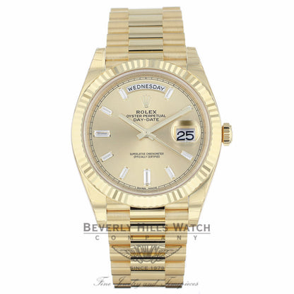 Rolex Day-Date President 40MM Yellow Gold Fluted Bezel Champagne Dial Diamond Markings 228238 8JJZYY - Beverly Hills Watch Company Watch Store