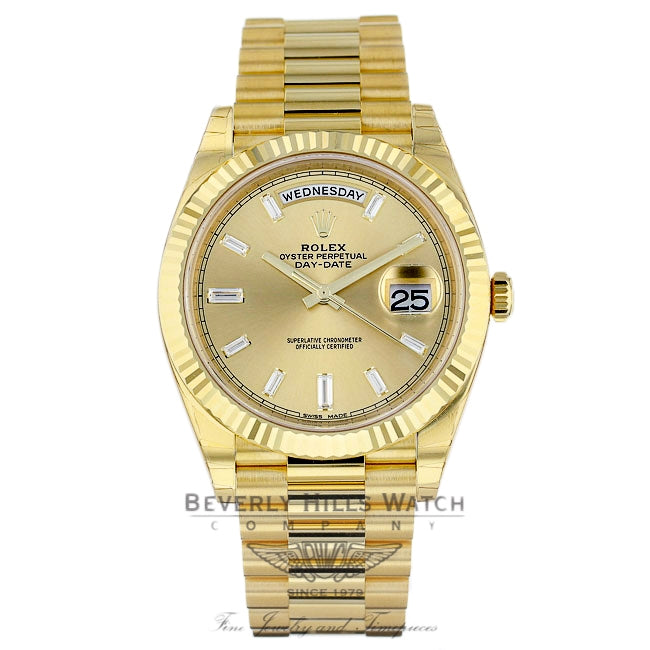 Rolex Day-Date President 40MM Yellow Gold Fluted Bezel Champagne Dial Diamond Markings 228238 8JJZYY - Beverly Hills Watch Company Watch Store