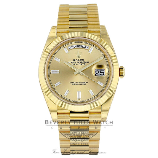 Rolex Day-Date President 40MM Yellow Gold Fluted Bezel Champagne Dial Diamond Markings 228238 8JJZYY - Beverly Hills Watch Company Watch Store