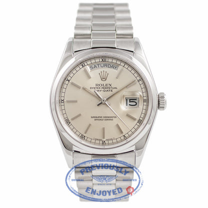 Rolex Day Date President 36MM Platinum Domed Bezel Silver Dial 118206 M5PXH4 - Beverly Hills Watch Company Watch Store
