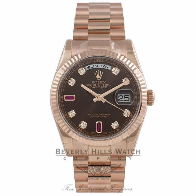 Rolex Day-Date 36mm Everose Chocolate Ruby & Diamond Fluted Bezel President Bracelet 118235 CM11QR - Beverly Hills Watch Company