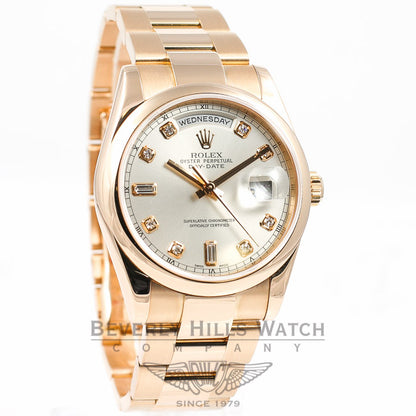 ROLEX Day Date Rose Gold Oyster Bracelet Smooth Bezel Silver Diamond Dial Watch 118205 Beverly Hills Watch Company Watches