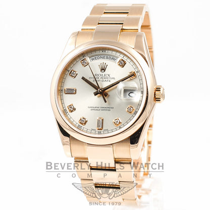 ROLEX Day Date Rose Gold Oyster Bracelet Smooth Bezel Silver Diamond Dial Watch 118205 Beverly Hills Watch Company Watches