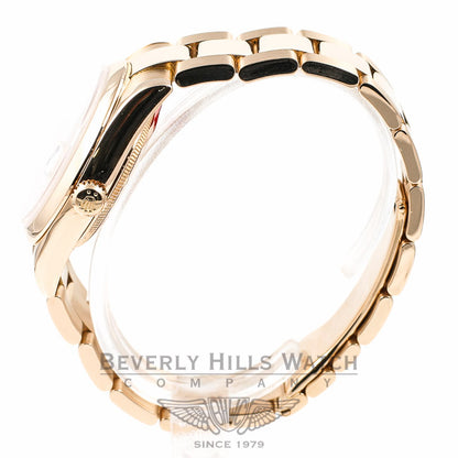 ROLEX Day Date Rose Gold Oyster Bracelet Smooth Bezel Silver Diamond Dial Watch 118205 Beverly Hills Watch Company Watches