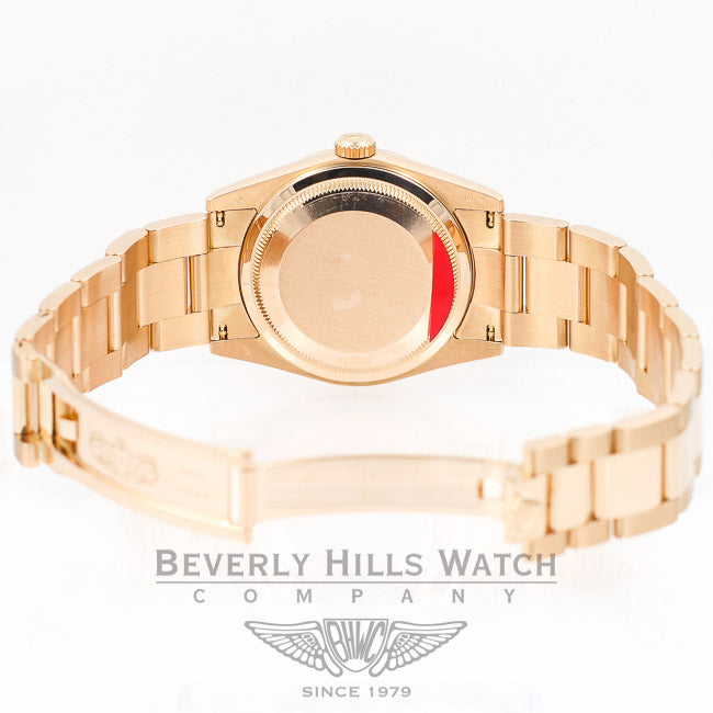 ROLEX Day Date Rose Gold Oyster Bracelet Smooth Bezel Silver Diamond Dial Watch 118205 Beverly Hills Watch Company Watches