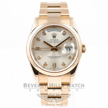 ROLEX Day Date Rose Gold Oyster Bracelet Smooth Bezel Silver Diamond Dial Watch 118205 Beverly Hills Watch Company Watches