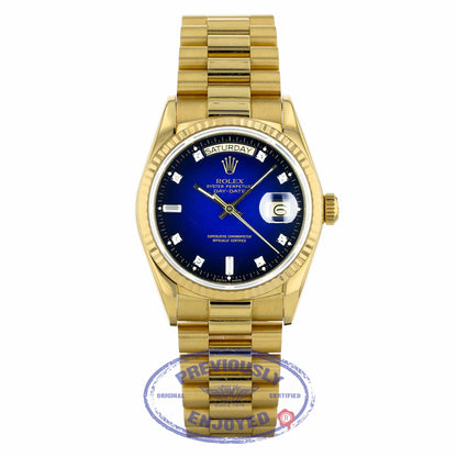 Rolex Day-Date 36mm 18k Yellow Gold President Bracelet Blue Diamond & Baguette Dial 18038 TRP28J - Beverly Hills Watch