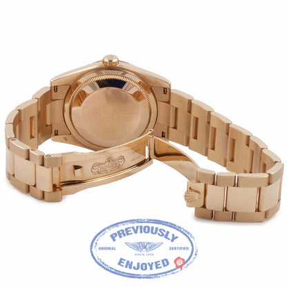 Rolex Day-Date Rose Gold Champagne Diamond Dial 36mm Smooth Bezel Watch 118205 Beverly Hills Watch Company Watch Store