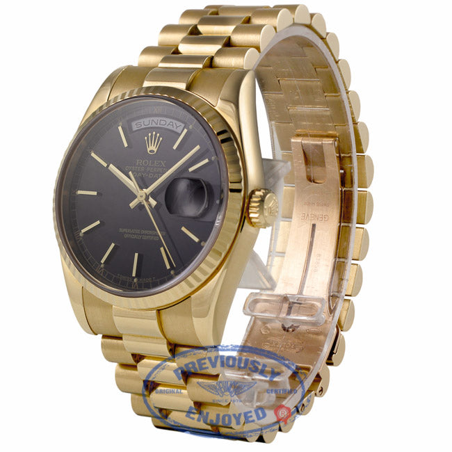 Rolex Day-Date President 36mm 18k Yellow Gold Fluted Bezel Black Dial 118208 WDWRP5 - Beverly Hills Watch Company