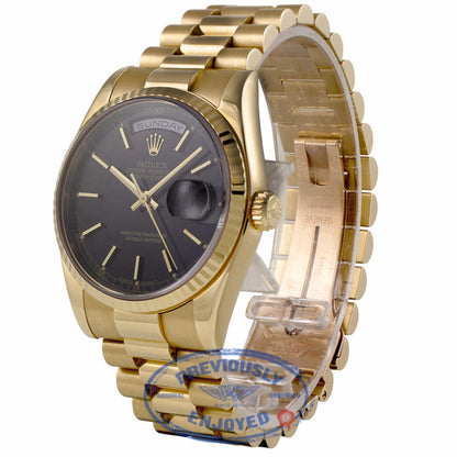 Rolex Day-Date President 36mm 18k Yellow Gold Fluted Bezel Black Dial 118208 WDWRP5 - Beverly Hills Watch Company