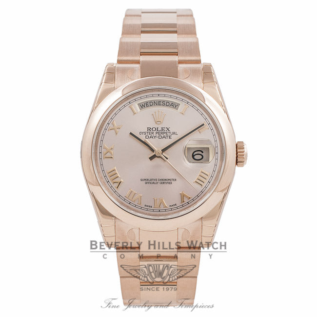 Rolex Day-Date President 36MM 18k Rose Gold Domed Bezel Pink Roman118205 GEWE1N - Beverly Hills Watch Company Watch Store
