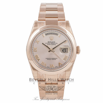 Rolex Day-Date President 36MM 18k Rose Gold Domed Bezel Pink Roman118205 GEWE1N - Beverly Hills Watch Company Watch Store