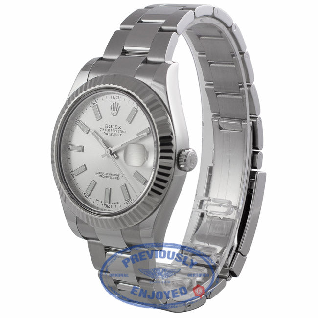 Rolex DayJust II 18k White Gold Fluted Bezel Oyster Perpetual Stainless Steel Silver Dial 116334 YHFV3Q - Beverly Hills Watch Company