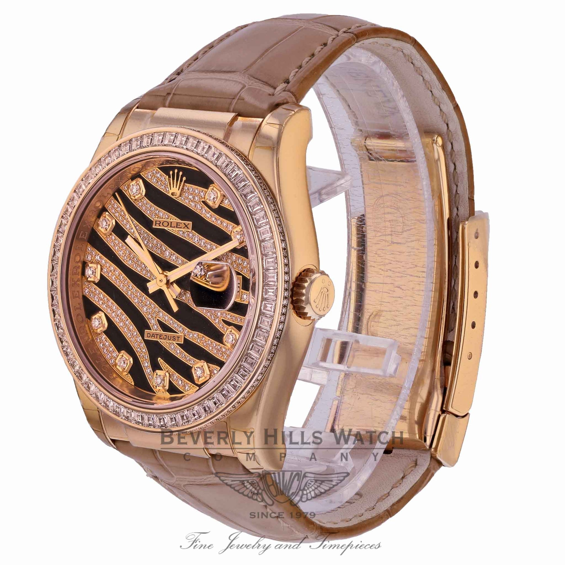 Rolex Datejust Royal Pink 36MM 18k Rose Gold Diamond Bezel Black Diamond Paved Pink Gold Dial 116185 82NCR8 - Beverly Hills Watch Company Watch Store