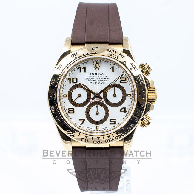 Rolex Daytona 18k Yellow Gold Case Brown Rubber B Strap Gold Deployment Buckle 16518 Beverly Hills Watch Company Watches