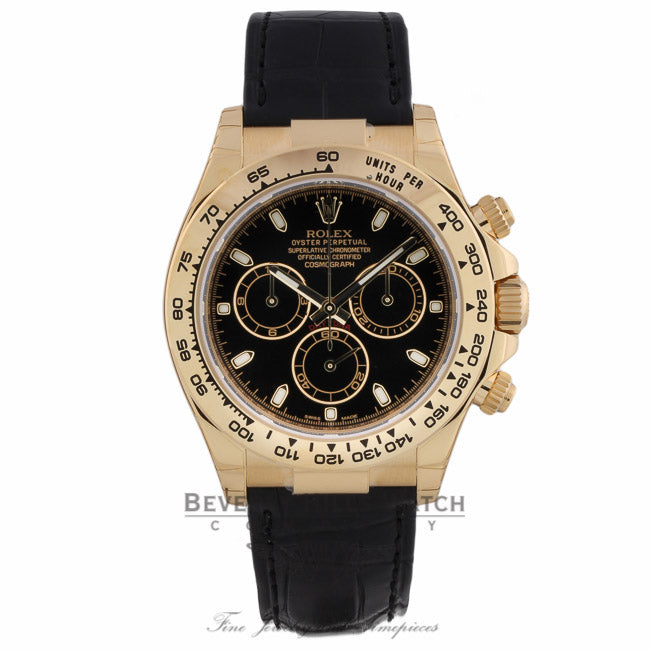 Rolex Daytona 40mm 18K Yellow Gold Black Alligator Strap Black Dial 116518 X25ZWE - Beverly Hills Watch Company