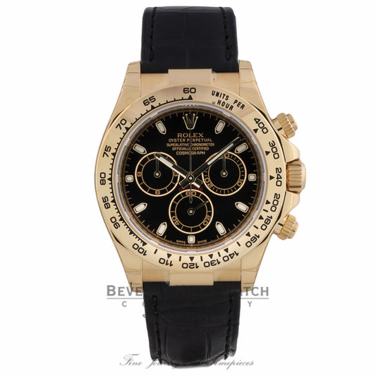 Rolex Daytona 40mm 18K Yellow Gold Black Alligator Strap Black Dial 116518 X25ZWE - Beverly Hills Watch Company