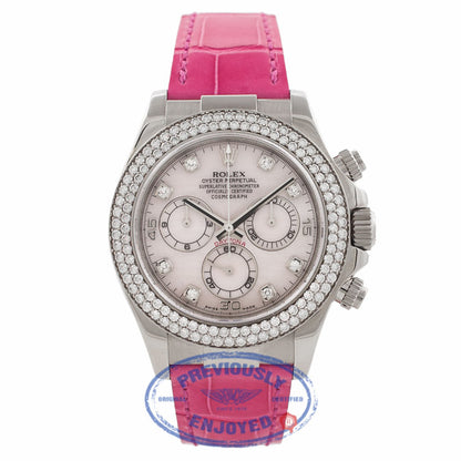 Rolex Daytona 40MM 18k White Gold Diamond Bezel Pink Mother of Pearl 116589 QTDN32 - Beverly Hills Watch Company Watch Store