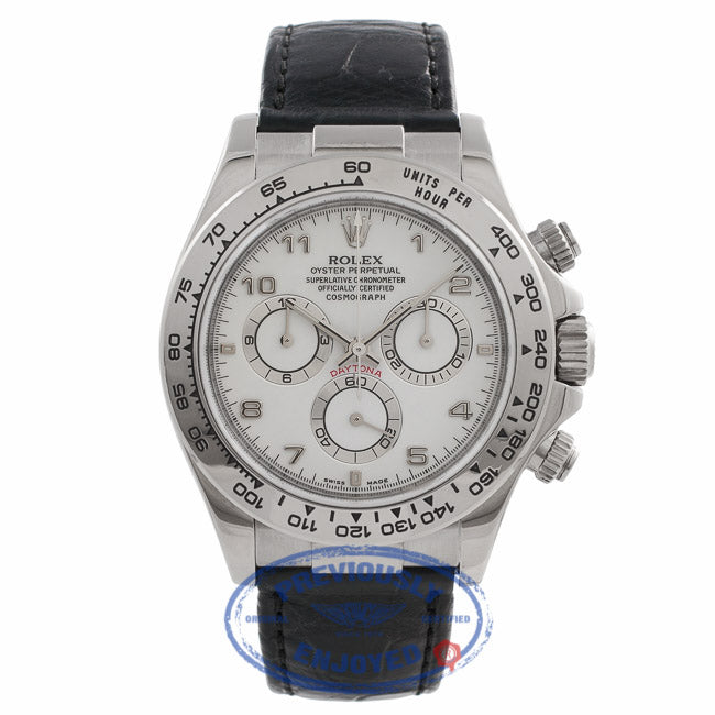 Rolex Daytona 40MM White Gold White Dial Black Alligator Strap 116519 VVVKFJ - Beverly Hills Watch Store