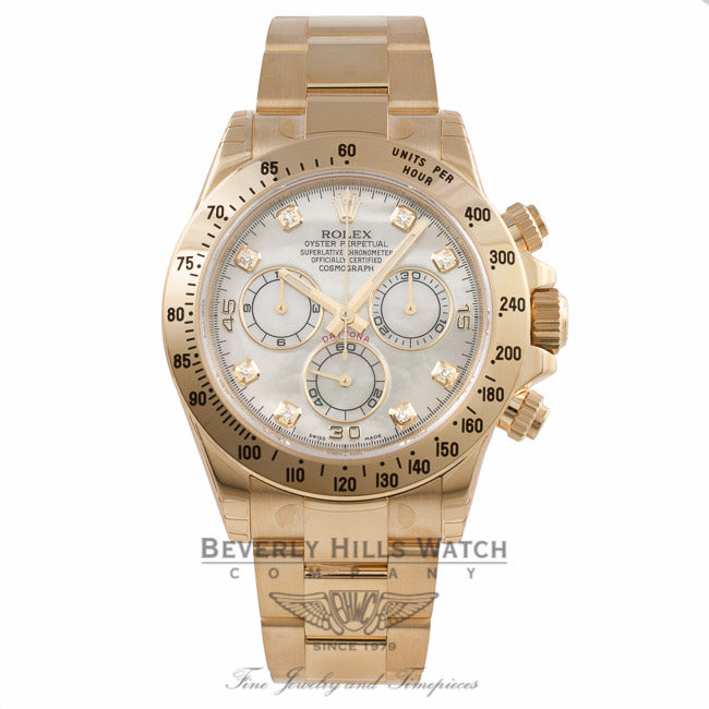 Rolex Daytona Yellow Gold Oyster Bracelet Mother of Pearl Diamond Dial 40mm Automatic Chronograph Watch 116528 - AYXM25 - Beverly Hills Watch Company Watch Store