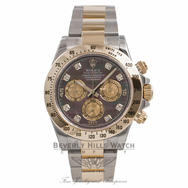 Rolex Daytona Two Tone Black Diamond Mother of Pearl Yellow Mother of Pearl Subdials 116523 8KPL58 - Beverly Hills Watch Company