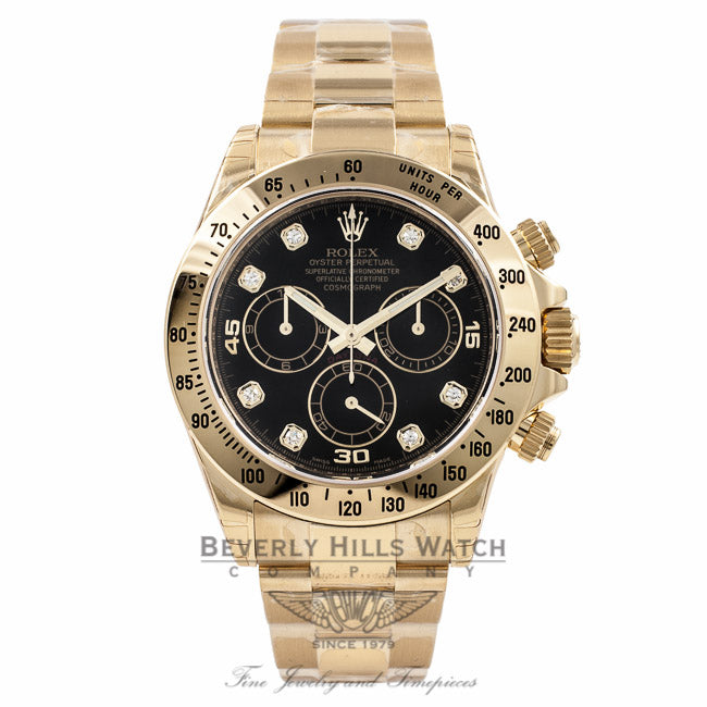 Rolex Daytona 18k Yellow Gold Black Diamond Dial 40MM 116528 TMRD4D - Beverly Hills Watch Company Watch Store