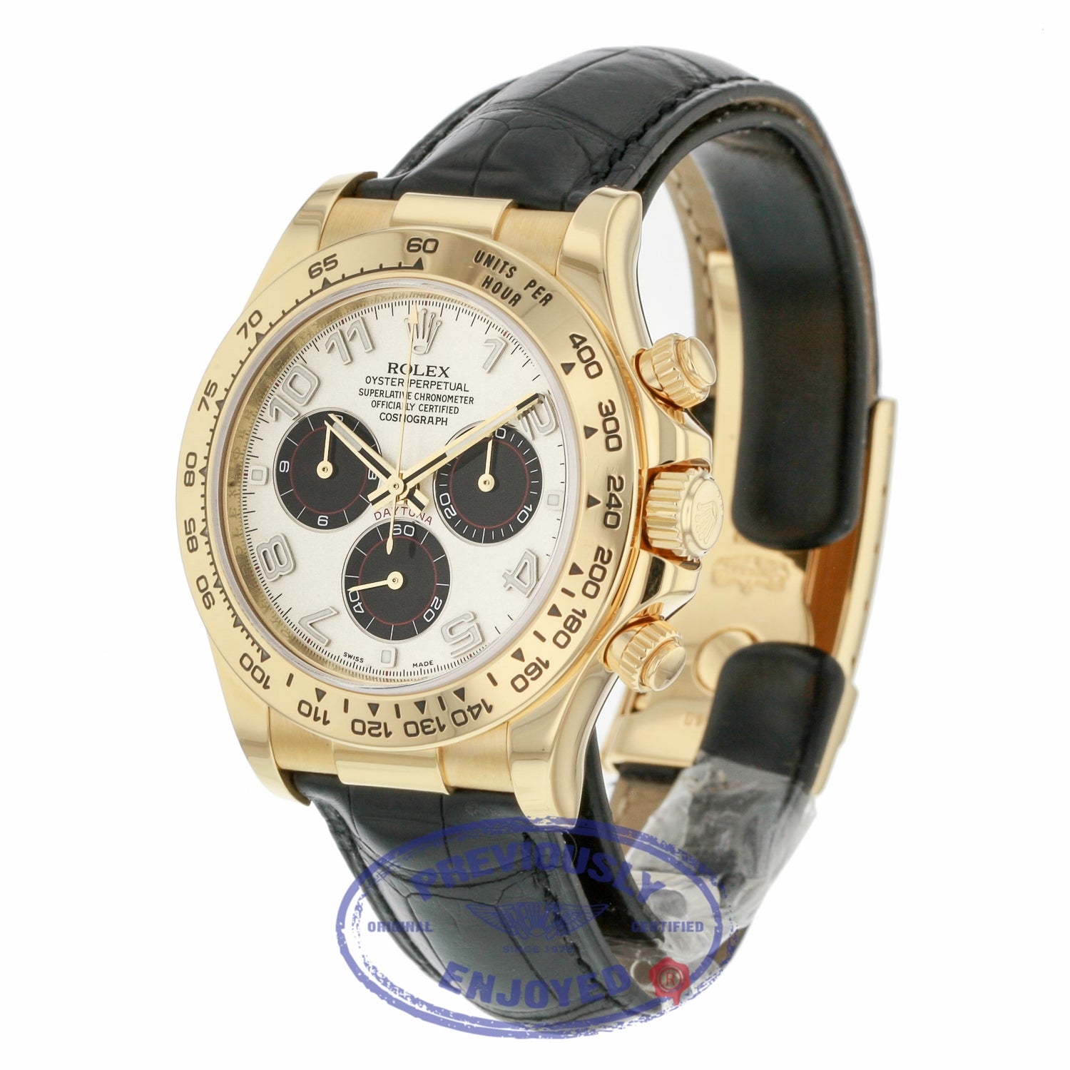 Rolex Daytona 40mm Yellow Gold Ivory Dial Black Sub-Dials Alligator Strap 116518 ZWZP81 - Beverly Hills Watch Company