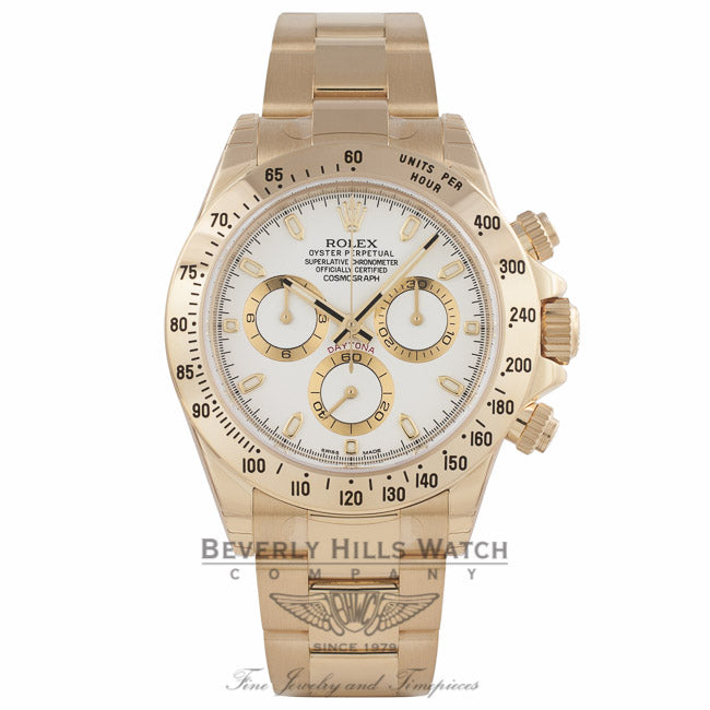 Rolex Daytona 18K Yellow Gold White Dial Stick Markers 116528 P8WKVD - Beverly Hills Watch Company Watch Store