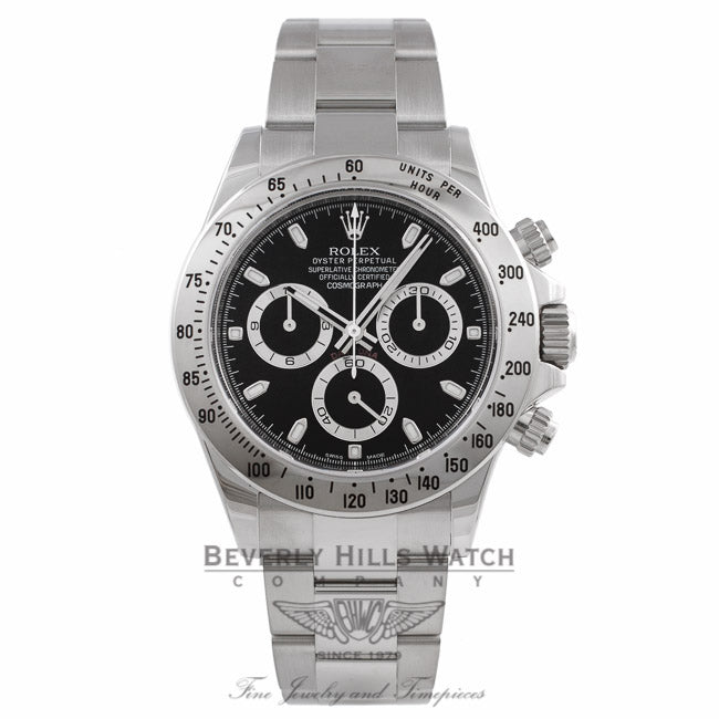 Rolex Daytona Stainless Steel Black Dial 116520 Rolex Daytona Stainless Steel Oyster Bracelet Black Dial 116520 E53CFP - Beverly Hills Watch Company Watch Store