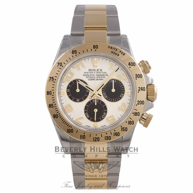 Rolex Daytona Stainless Steel and 18K Gold Oyster Bracelet Chronograph Ivory Dial Black Subdials 116523 EZVH0N - Beverly Hills Watch Company