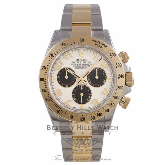 Rolex Daytona Stainless Steel and 18K Gold Oyster Bracelet Chronograph Ivory Dial Black Subdials 116523 EZVH0N - Beverly Hills Watch Company