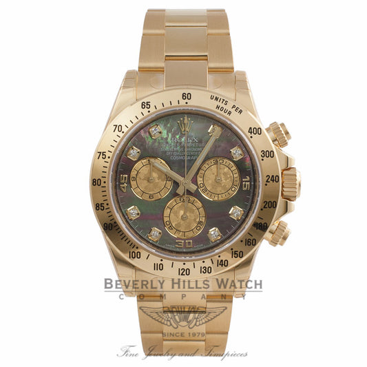 Rolex Daytona 40MM 18k Yellow Gold Dark Mother of Pearl Diamond Dial 116528 YNTZUX - Beverly Hills Watch Company Watch Store
