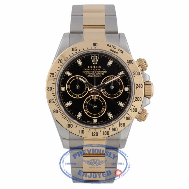 Rolex Cosmograph Daytona 40mm Yellow Gold and Stainless Steel Oyster Bracelet Black Dial 116523 RFFDHZ - Beverly Hills Watch Company