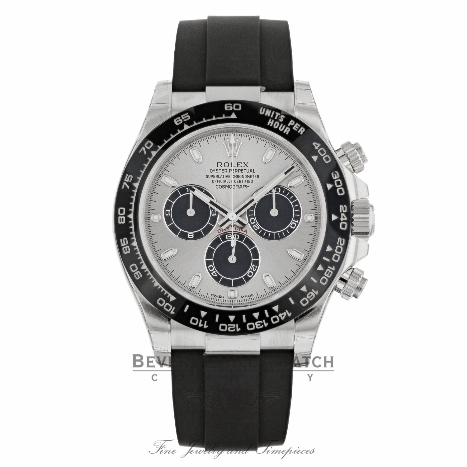 Rolex Daytona 40mm 18k White Gold Silver Dial Oysterflex 116519LN A49TKQ - Beverly Hills Watch Company