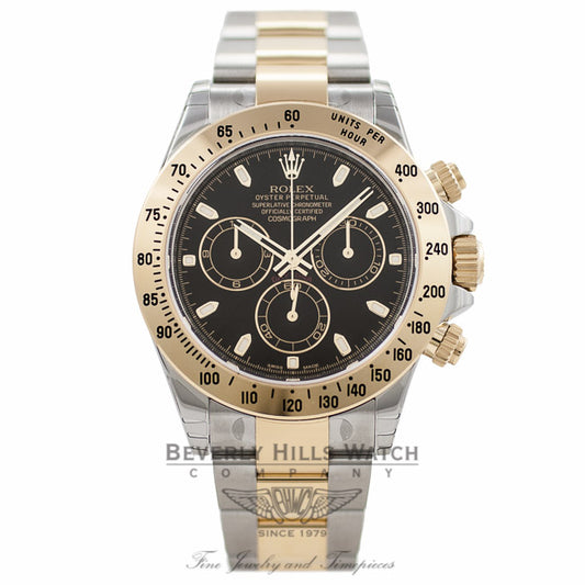 Rolex Daytona 40mm Stainless Steel and Yellow Gold Oyster Bracelet Black Dial Chronograph Watch 116523 MAPEPZ- Beverly Hills Watch Company Watch Store