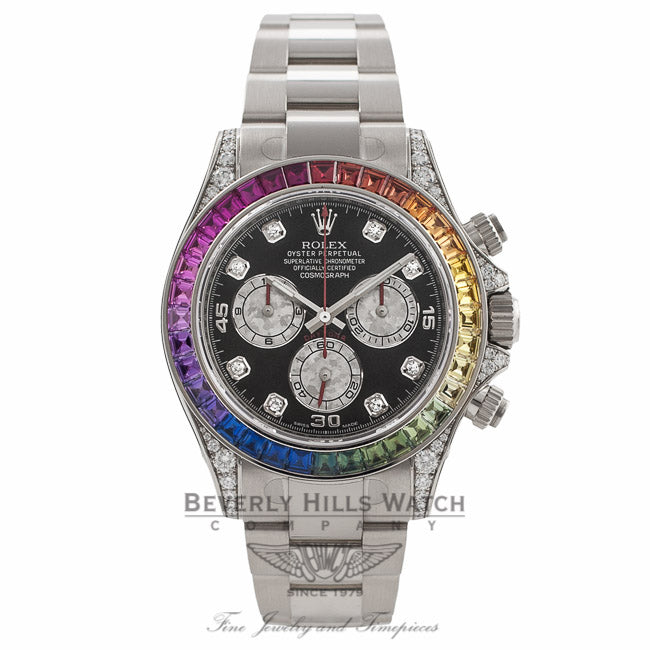 Rolex Daytona Rainbow 40MM 18k White Gold Diamond Case Sapphires Dial 116599 - Beverly Hills Watch Company Watch Store