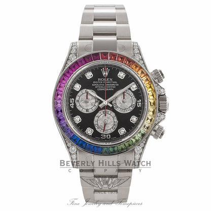 Rolex Daytona Rainbow 40MM 18k White Gold Diamond Case Sapphires Dial 116599 - Beverly Hills Watch Company Watch Store