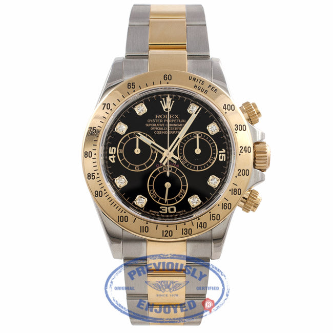 Rolex Daytona Stainless Steel and Yellow Gold Oyster Bracelet Black Diamond Dial 116523 AEAVL4 - Beverly Hills Watch Company Watch Store